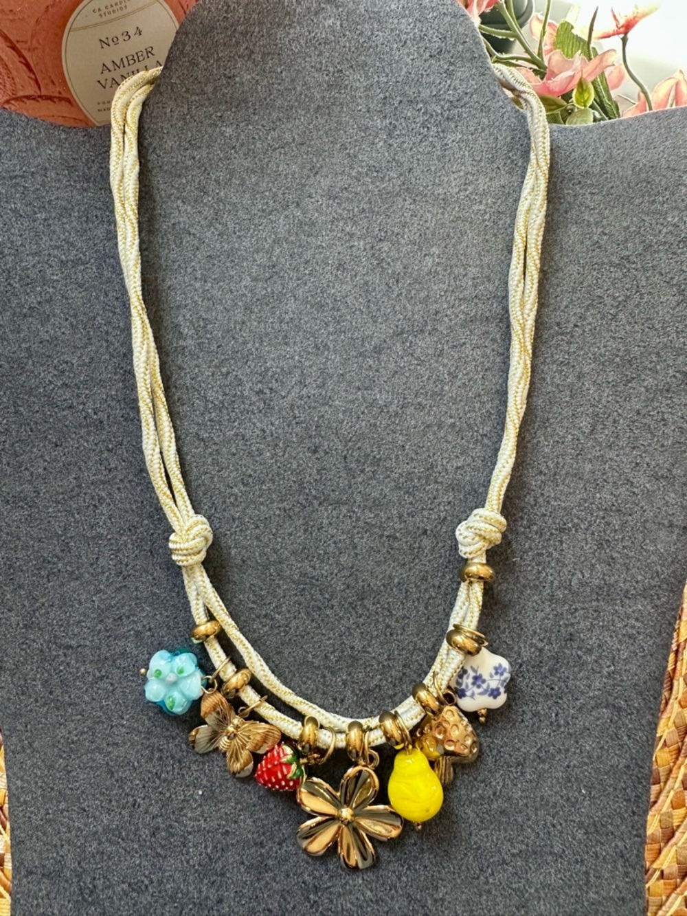 Gold-Tone Floral Charm Necklace with Multicolor Ceramic Accents